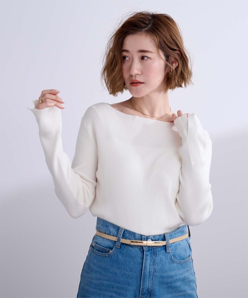 美品 ノーブル 美人ニット リブニット ネイビー ボートネック フレアスリーブ ur's（ユアーズ） ニット セーター ボートネックスリットスリーブ