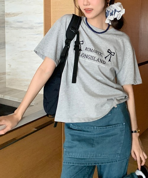 gossip!ロサンゼルス tシャツ Y2K ラウンドネックリボン刺繍綿Tシャツ