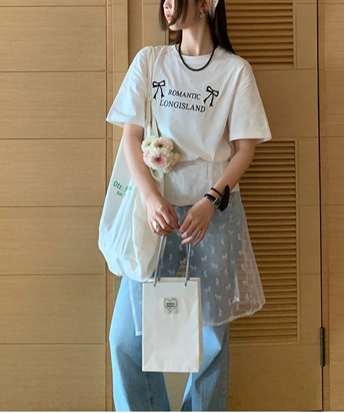 gossip!ロサンゼルス tシャツ Y2K ラウンドネックリボン刺繍綿Tシャツ