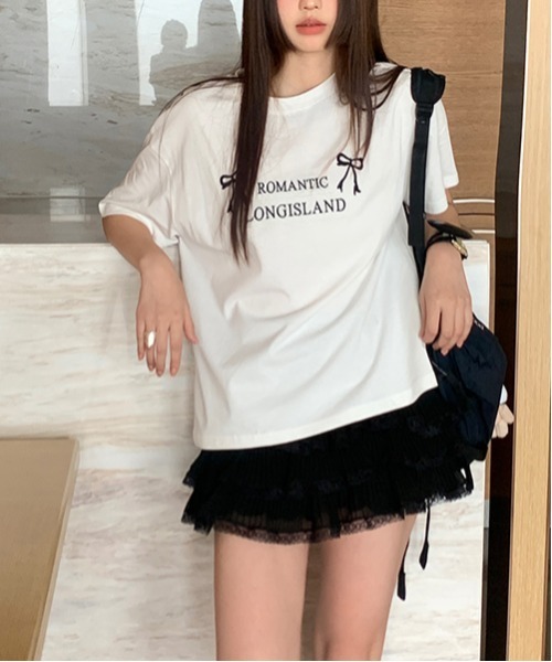 gossip!ロサンゼルス tシャツ Y2K ラウンドネックリボン刺繍綿Tシャツ