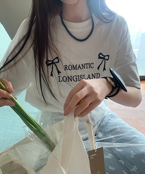 gossip!ロサンゼルス tシャツ Y2K ラウンドネックリボン刺繍綿Tシャツ