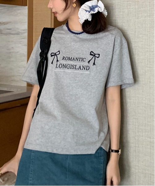 gossip!ロサンゼルス tシャツ Y2K ラウンドネックリボン刺繍綿Tシャツ