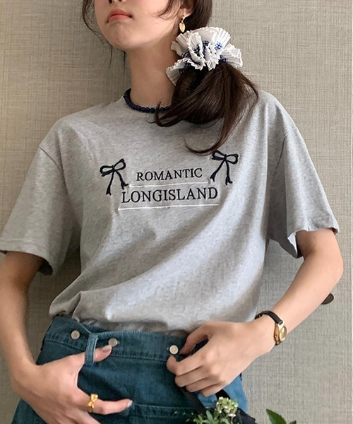 gossip!ロサンゼルス tシャツ Y2K ラウンドネックリボン刺繍綿Tシャツ