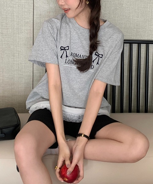 gossip!ロサンゼルス tシャツ Y2K ラウンドネックリボン刺繍綿Tシャツ