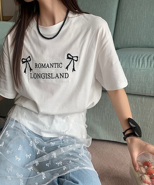 gossip!ロサンゼルス tシャツ Y2K ラウンドネックリボン刺繍綿Tシャツ