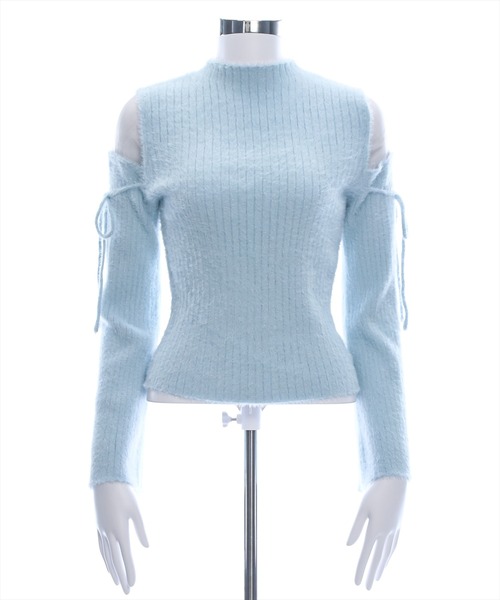 clear ニット セーター ラメショートフェザー肩シアーニットトップス