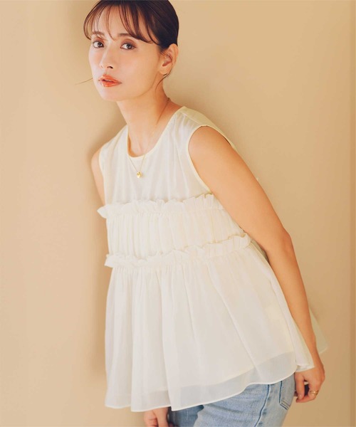 tシャツ アシンメトリー シフォンフリル ドッキングデザインTOPS レディース アシンメトリーフリルドッキングTシャツ | ur's（ユアーズ）