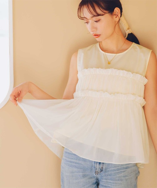 titivate tシャツ シフォンフリルドッキングトップス レディース