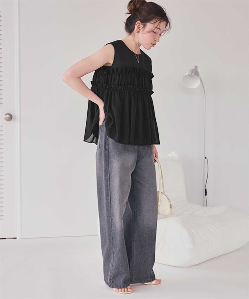 tシャツ アシンメトリー シフォンフリル ドッキングデザインTOPS レディース titivate tシャツ シフォンフリルドッキングトップス レディース