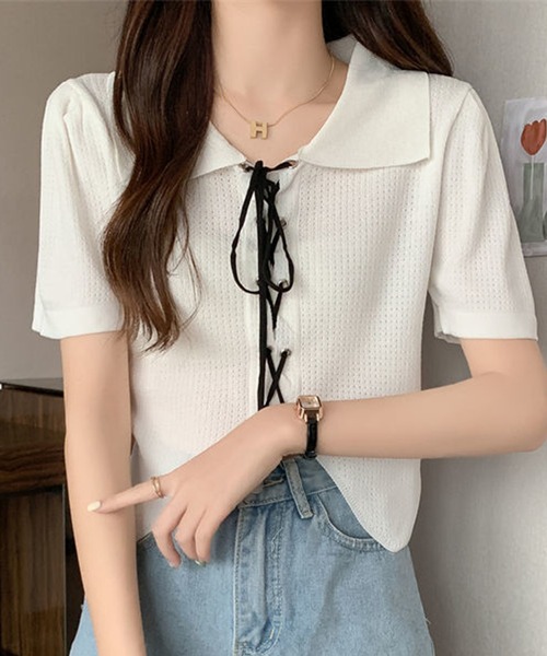 トップス jasmine セール】【Jasmine】胸あきデザインリブ編みトップス（ニット