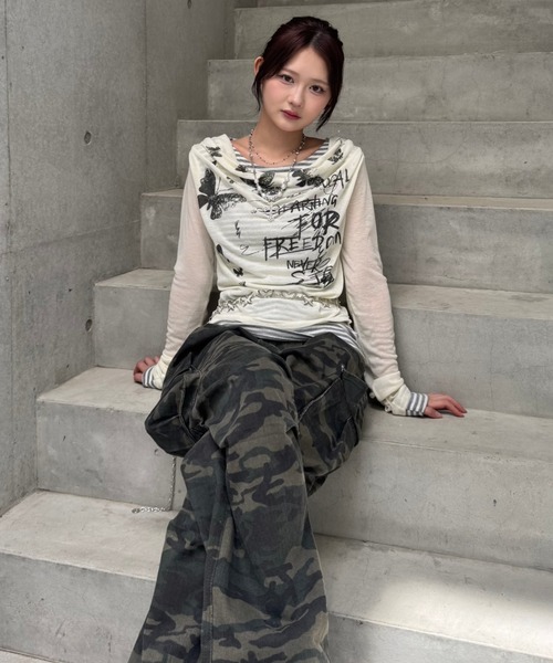 ZIPPER CLUB tシャツ border pattern layered tops レディース