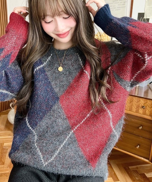 moment+ ニット セーター BIGアーガイルニットプルオーバー レディース