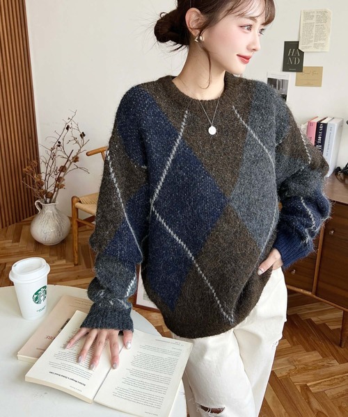 moment+ ニット セーター BIGアーガイルニットプルオーバー レディース