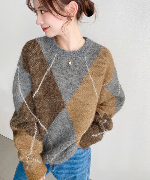 moment+ ニット セーター BIGアーガイルニットプルオーバー レディース