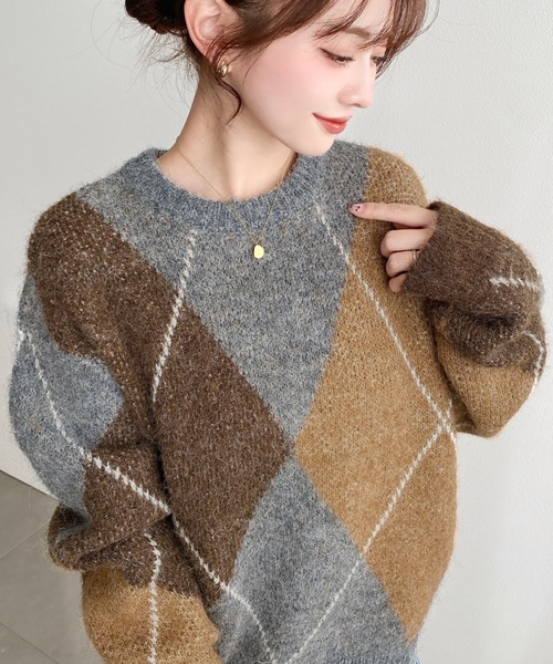 moment+ ニット セーター BIGアーガイルニットプルオーバー レディース