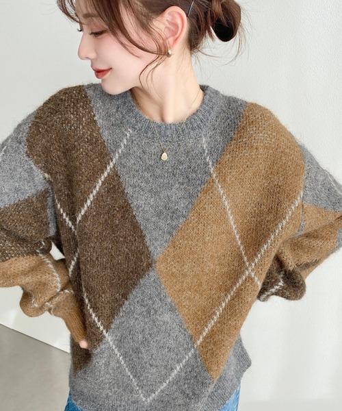 moment+ ニット セーター BIGアーガイルニットプルオーバー レディース