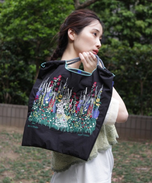 SUPER HAKKA　Ball&Chain 　新品　うさぎ刺繍　Ｍ　ブルー SUPER HAKKA×Ball&Chain 花うさぎ刺繍トートバッグ(M)（トート