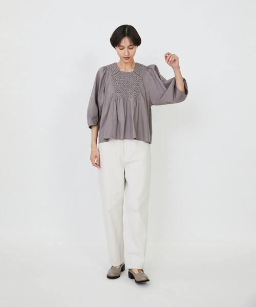 LOISIR ブラウス シャツ インドコットンポプリンハンドスモッキング