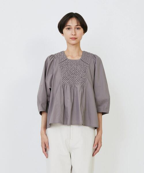 LOISIR ブラウス シャツ インドコットンポプリンハンドスモッキング