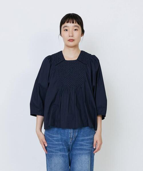 LOISIR ブラウス シャツ インドコットンポプリンハンドスモッキング
