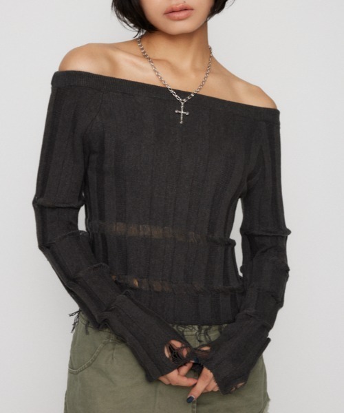 ニット/セーター Riu Shoulder ring belt knit loin nuit ニット セーター square back ribbon knit/スクエア バック