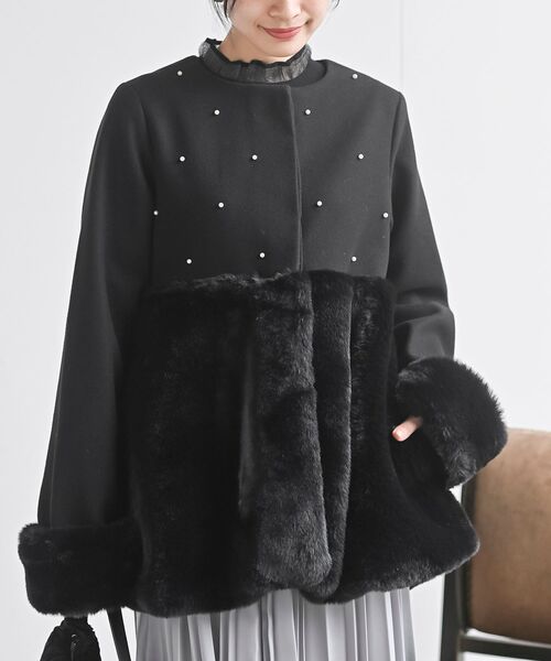 r・p・s（アールピーエス） ノーカラーコート コート 異素材切替パール