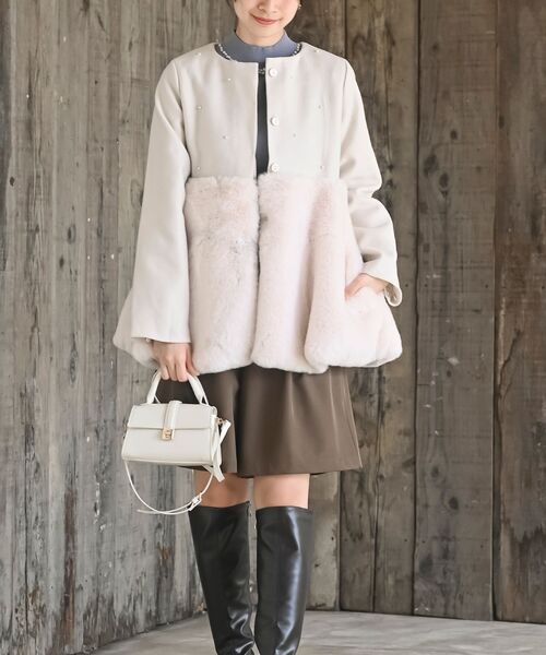 r・p・s（アールピーエス） ノーカラーコート コート 異素材切替パール