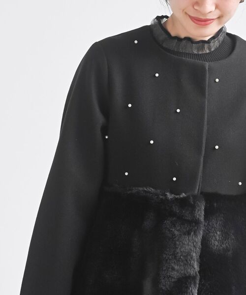 r・p・s（アールピーエス） ノーカラーコート コート 異素材切替パール