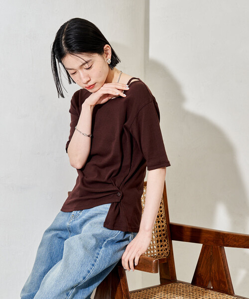 美品 SEA アシンメトリーネックトップ フリーサイズ 長袖 カットソー FREAK'S STORE（フリークスストア） tシャツ コットン アシンメトリー