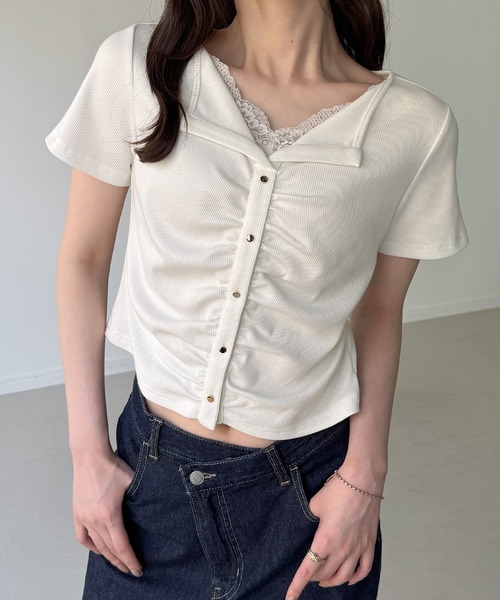 JUNOAH（ジュノア） tシャツ 半袖 フロントレースギャザーショート