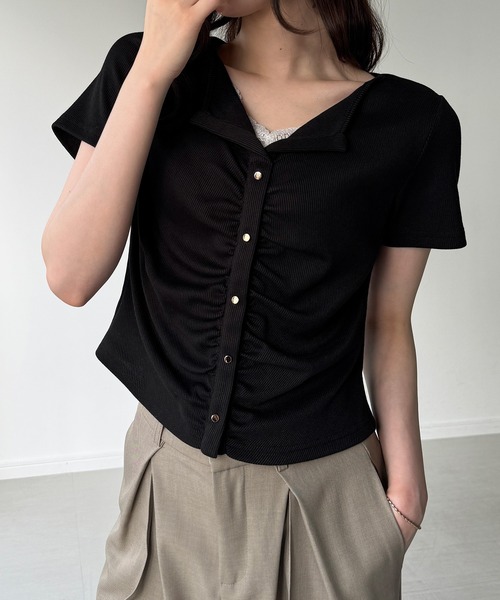 JUNOAH（ジュノア） tシャツ 半袖 フロントレースギャザーショート