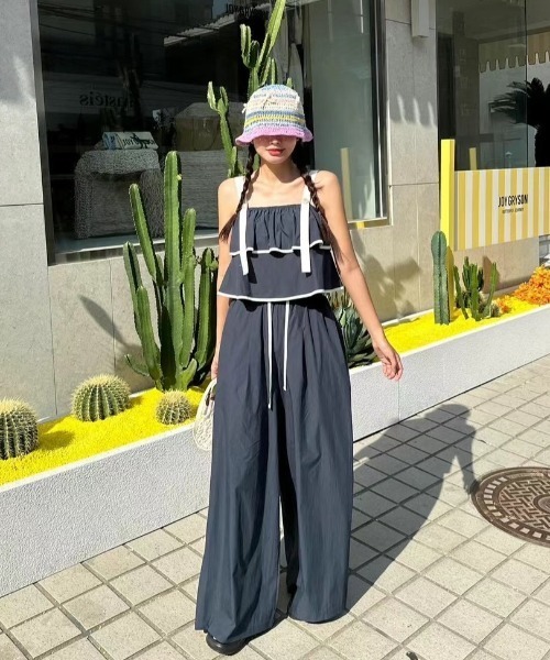Aelina セットアップ 配色キャミソール+ワイドパンツセットアップ