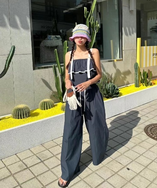 Aelina セットアップ 配色キャミソール+ワイドパンツセットアップ