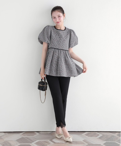 Fit more バルーン袖チェリーチェックぺプラムトップス Fit more（フィットモア） バルーン袖チェリーチェックペプラム