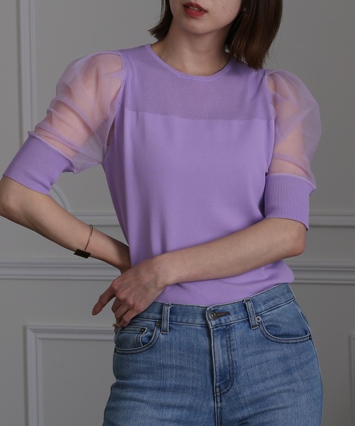 tシャツ チュールパフスリーブニットトップス レディース