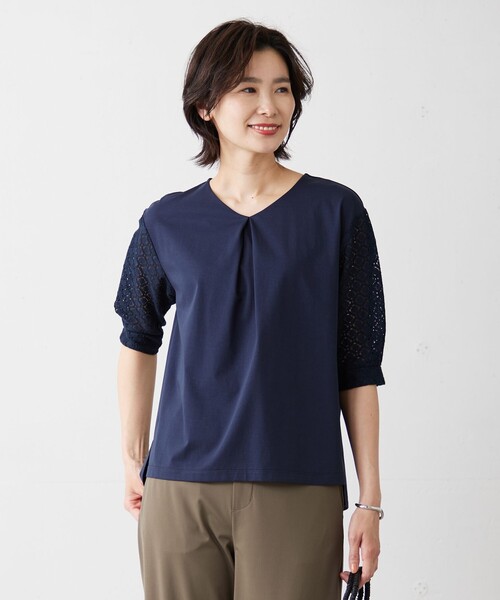 tシャツ 「吸水速乾」レーシーコンビ Vネック カットソー レディース
