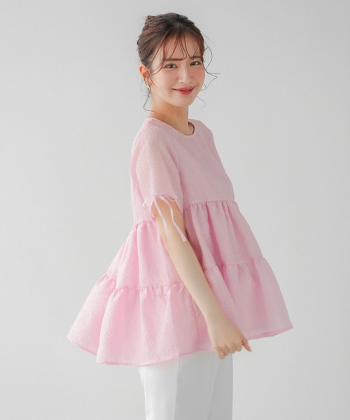 フィットモア　ジャガードフリルティアード長袖チュニック ピンク　新品タグ付 フィットモア ジャガードフリルティアード長袖チュニック ピンク 新品