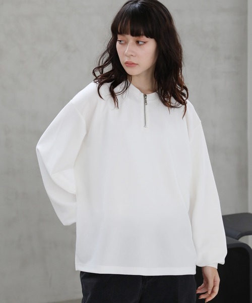 tシャツ 梨地クルーネックハーフジップ長袖カットソー メンズ