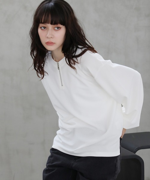 tシャツ 梨地クルーネックハーフジップ長袖カットソー メンズ