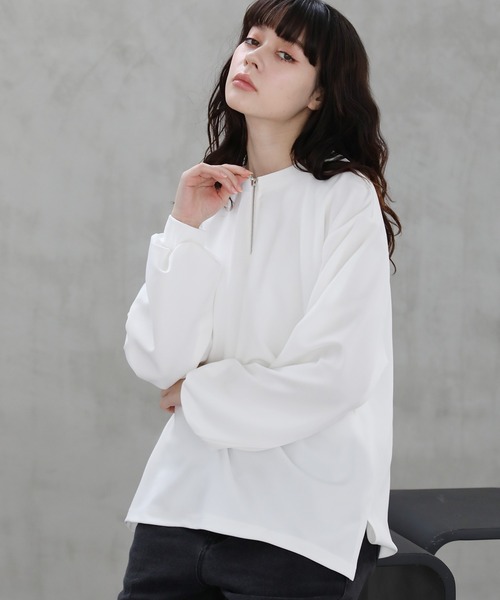 tシャツ 梨地クルーネックハーフジップ長袖カットソー メンズ