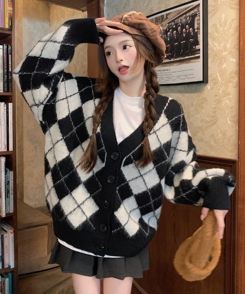 AsRiRe カーディガン シャギーアーガイル柄vネックニットカーディガン