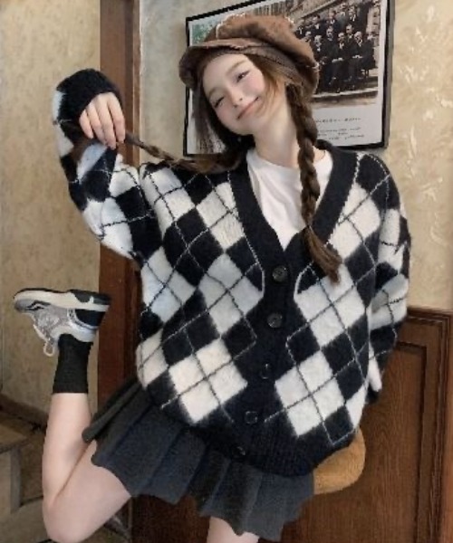 AsRiRe カーディガン シャギーアーガイル柄vネックニット