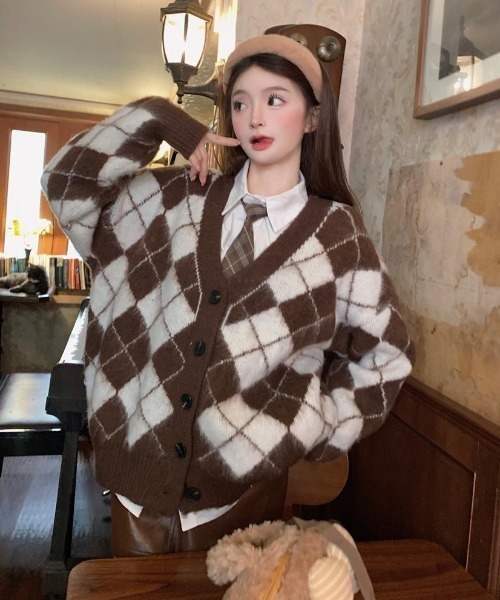 AsRiRe カーディガン シャギーアーガイル柄vネックニットカーディガン