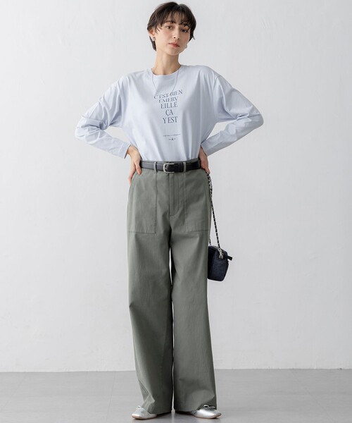 【ライトグレー】スラブストレッチパンツ パンツ 「洗える」スラブツイルストレッチ ワイド レディース