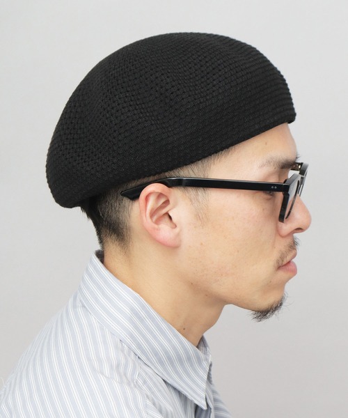 黒いメッシュベレー帽 フリーサイズ A.M.S. 帽子 ベレー帽 抗菌防臭吸湿 バンブー素材 ボリューム 畦編み