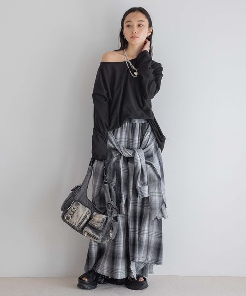 JEANASIS シャツライクアシメチェックロングスカート ブラック系その他 JEANASIS スカート シャツライクアシメチェックロングスカート
