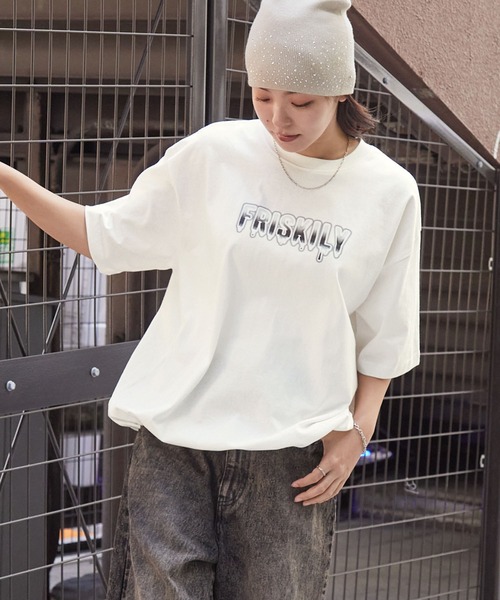 tシャツ B ドロストデザインTEE レディース MONO-MART tシャツ メタリックデザインロゴプリント ドロスト