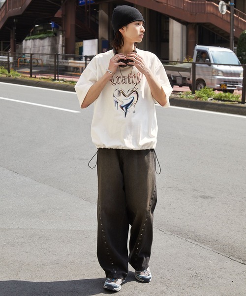 メタリックロゴ ルーズ Tシャツ 半袖 ストリート 夏 5色 hra307 メタリックデザインロゴプリント ドロスト半袖Tシャツ（Tシャツ