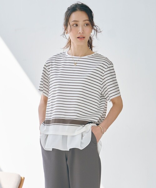 tシャツ 「洗える」パネルボーダー Tシャツ レディース