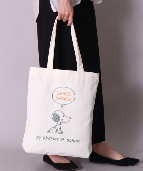 ヌビ生地×合皮/刺繍トートバッグ ・生成り PEANUTS トートバッグ (ACT)「PEANUTS」刺繍 トートバッグ レディース